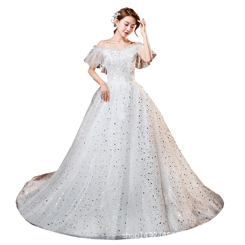 One shoulder wedding dress new style bride trailing temperament small forest style French light wedding dress super fairy simple