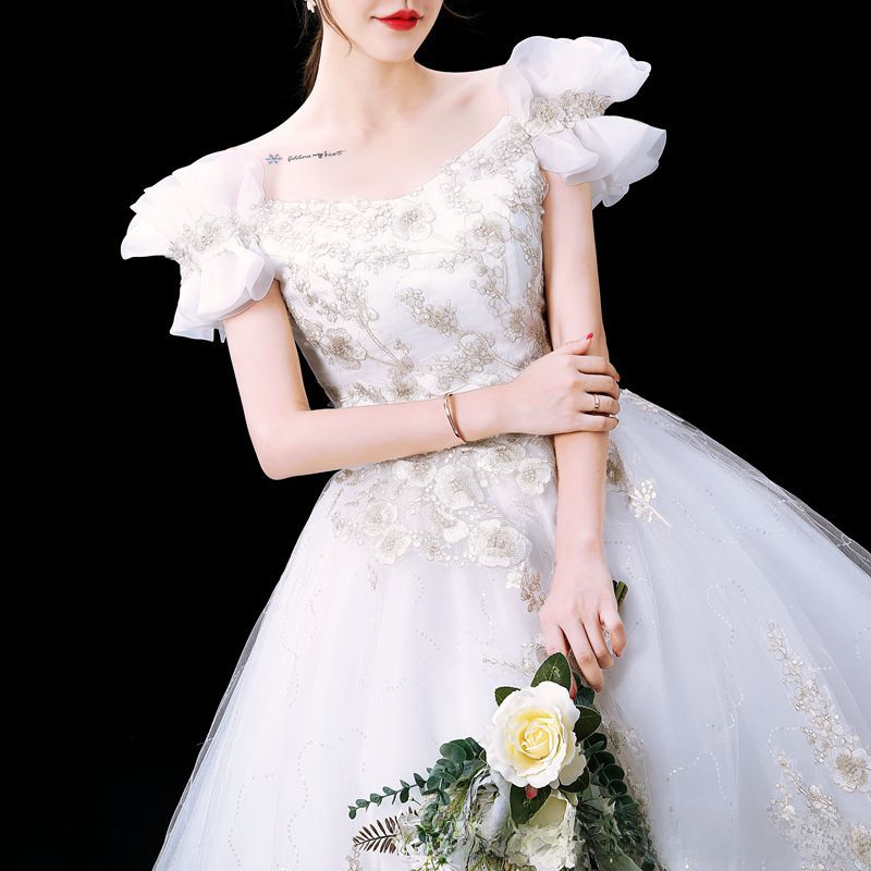 Main wedding dress new style temperament one shoulder wedding bride simple dress fairy dream starry sky long tail for women