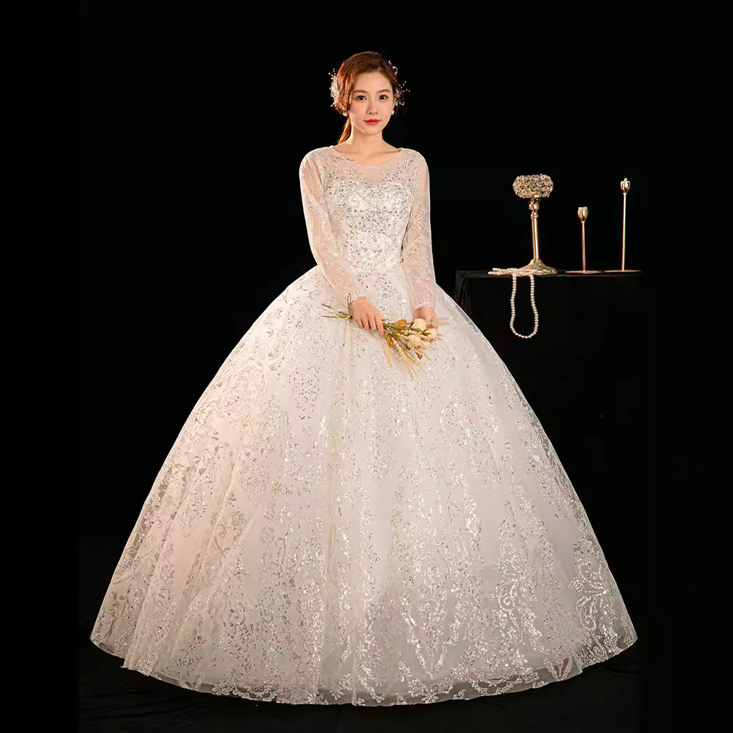 Main wedding dress new style bride small high-end texture light wedding dress one-shoulder long-sleeved tutu skirt