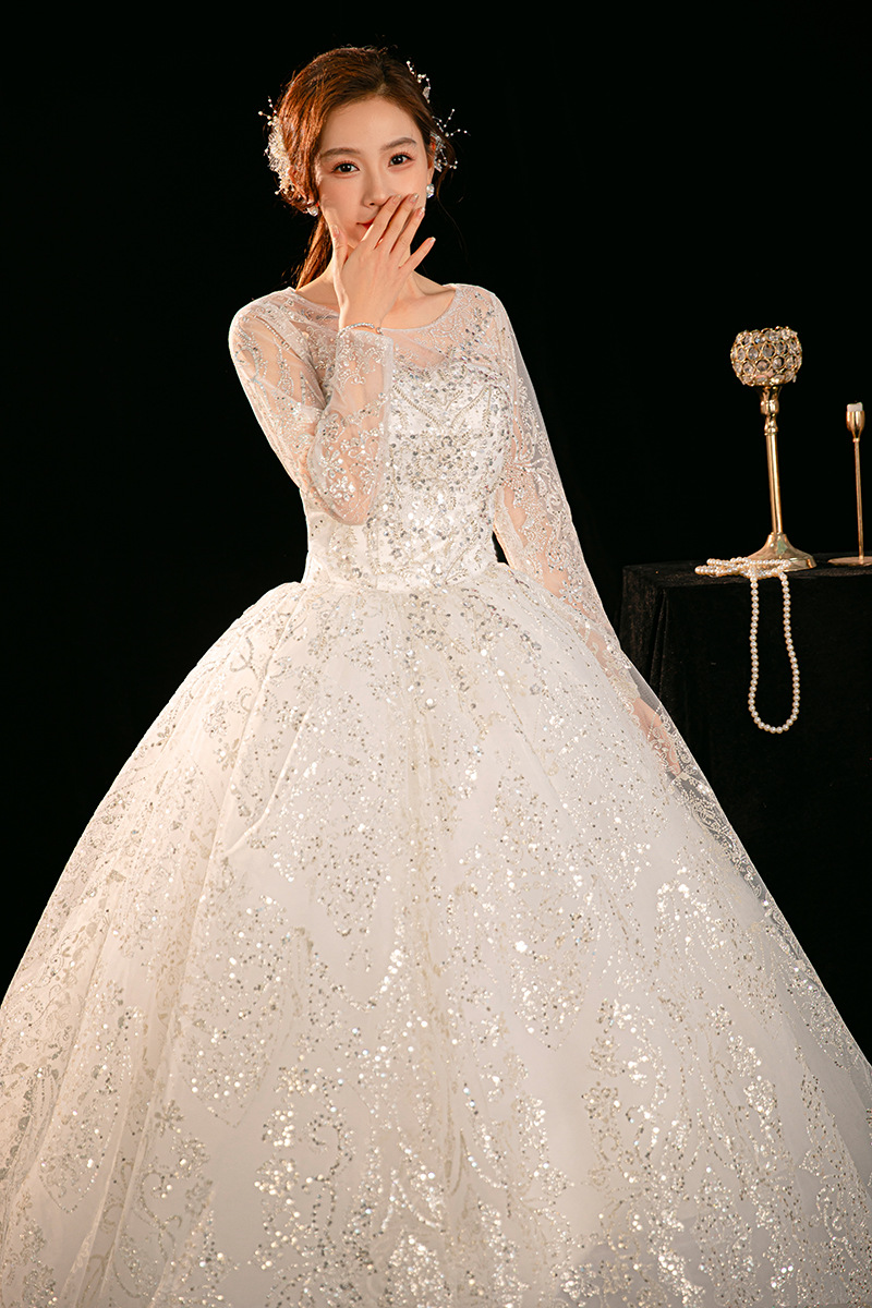 Main wedding dress new style bride small high-end texture light wedding dress one-shoulder long-sleeved tutu skirt