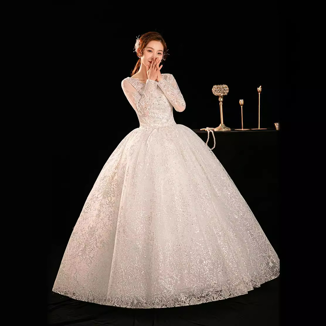 Long-sleeved fugitive princess wedding dress, new style for small brides, main yarn, high quality floor-length