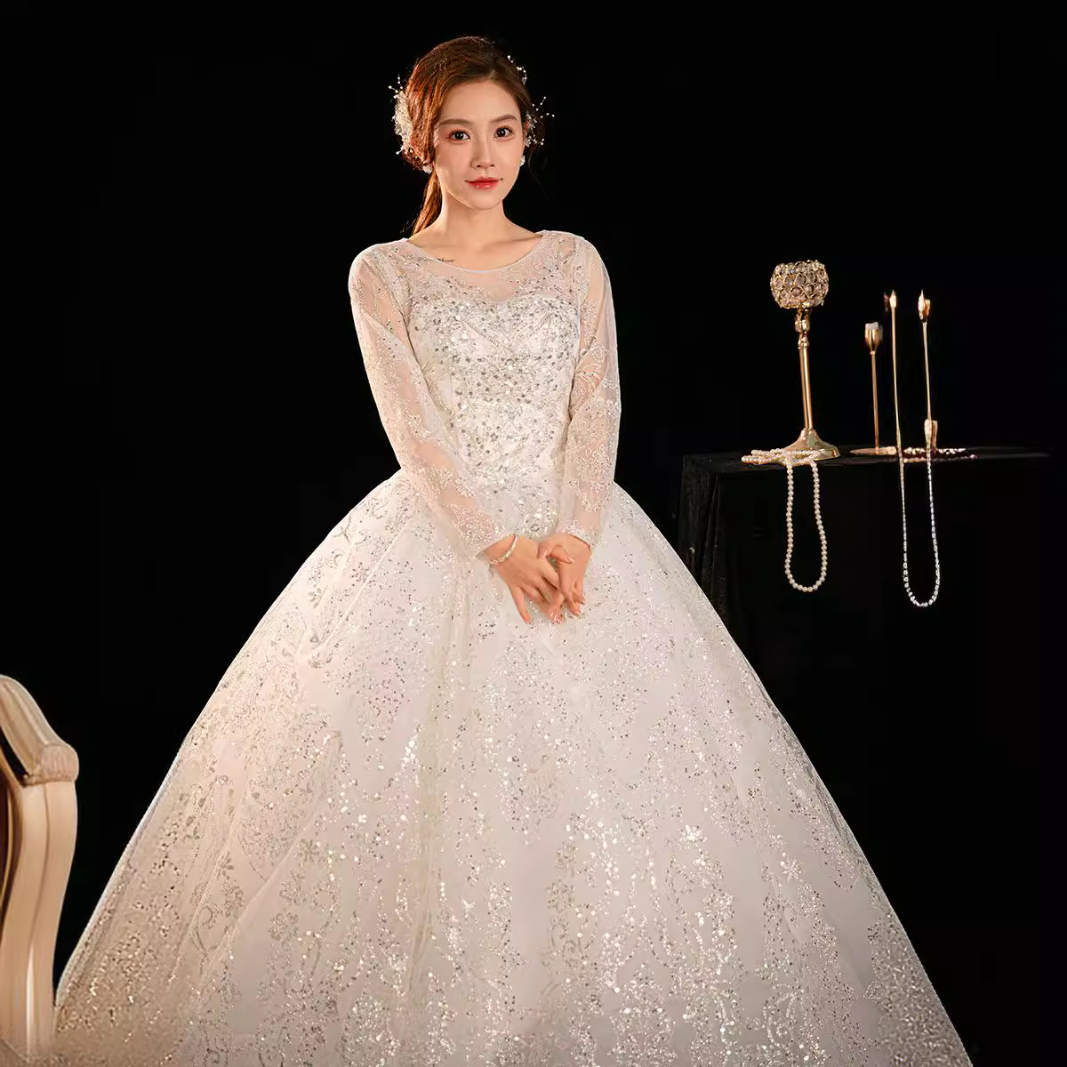 Main wedding dress new style bride small high-end texture light wedding dress one-shoulder long-sleeved tutu skirt