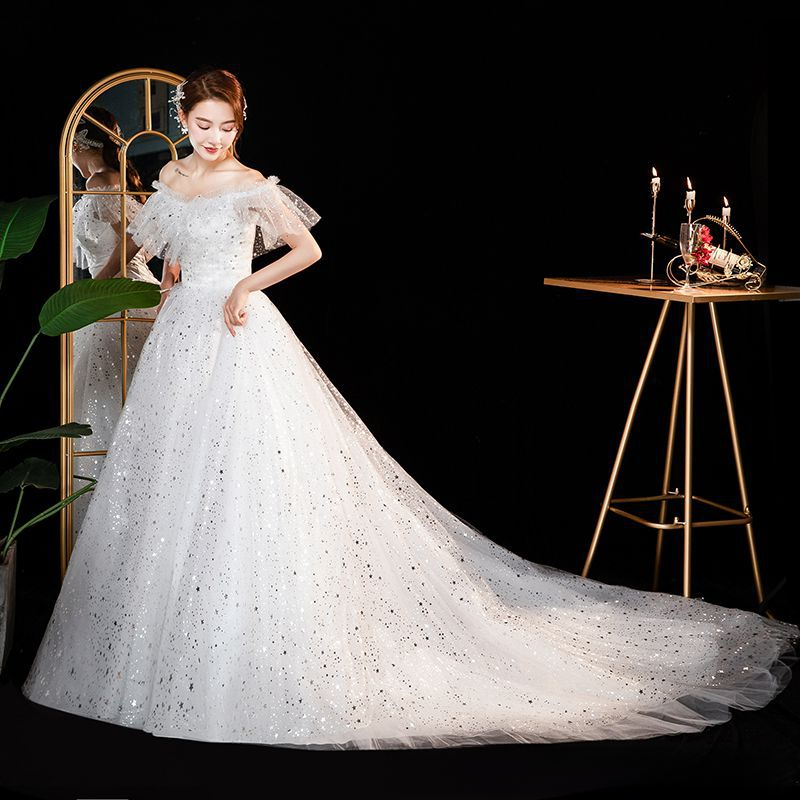 One shoulder wedding dress new style bride trailing temperament small forest style French light wedding dress super fairy simple