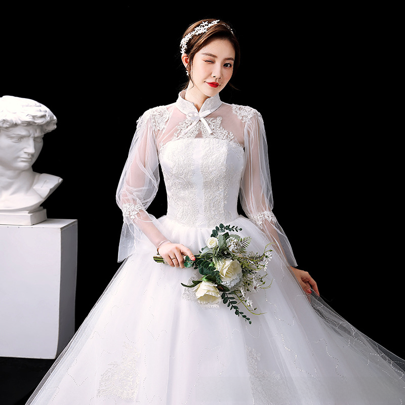 Simple main light wedding dress new style bride one shoulder wedding dress simple large tail with floor-length palace slimming