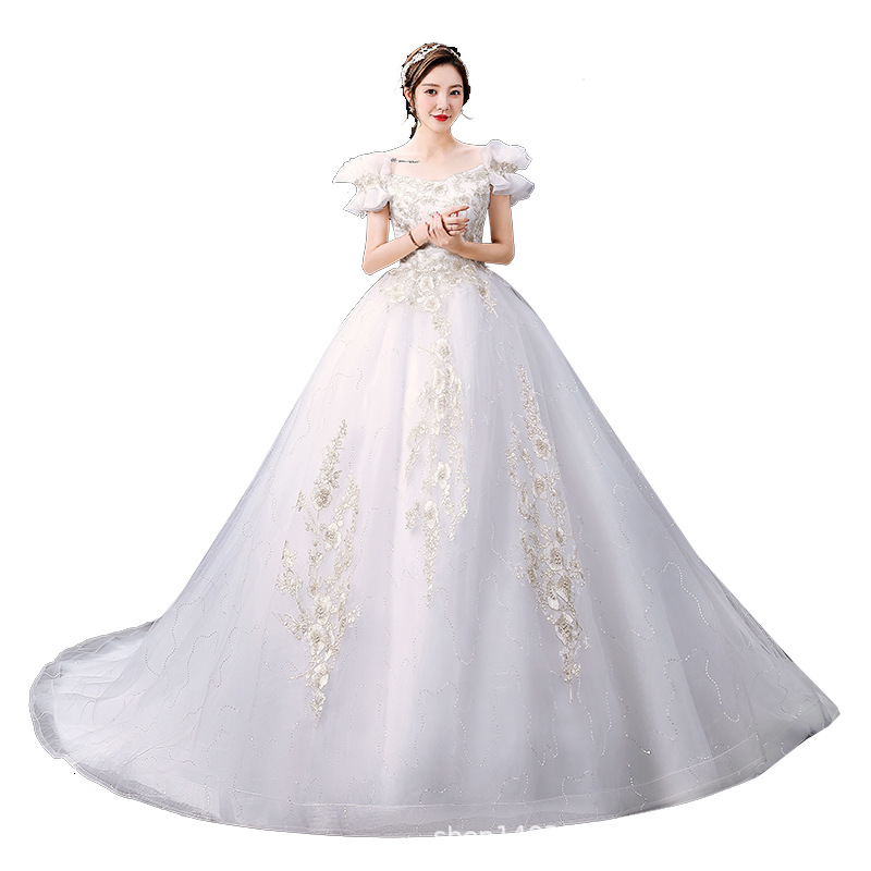 Main wedding dress new style temperament one shoulder wedding bride simple dress fairy dream starry sky long tail for women