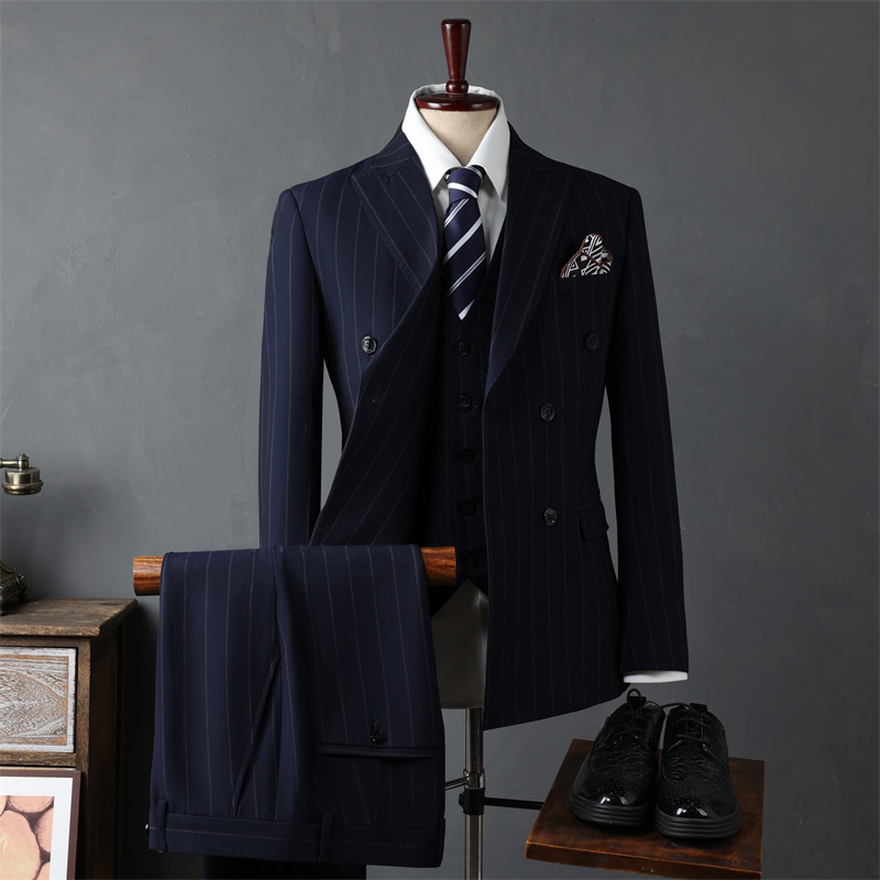 Men's suit casual business formal attire groomsmen suit groom wedding double breasted striped suit jacket men's clothing three-piece