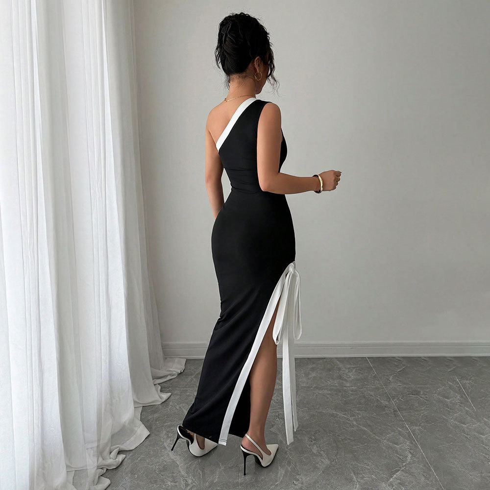 Women's Lady Style Sexy Dress Summer Contrast Color Slit Long Skirt women's clothing