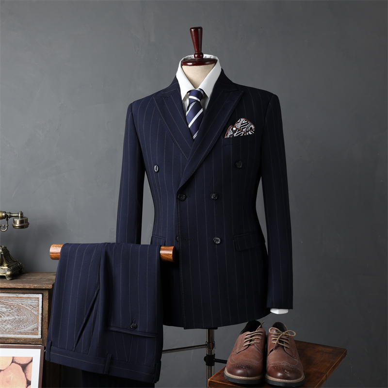 Men's suit casual business formal attire groomsmen suit groom wedding double breasted striped suit jacket men's clothing three-piece