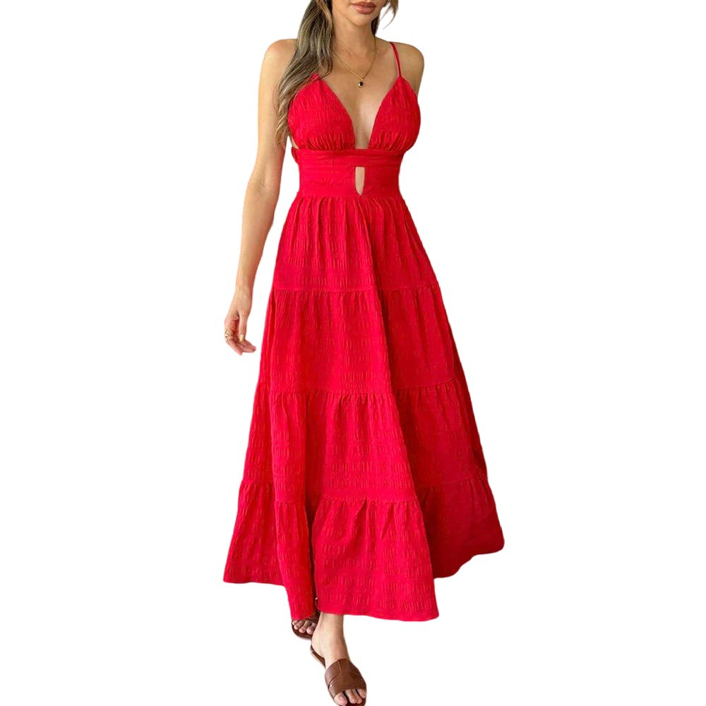 Women's sexy red suspender dress spring and summer V-neck long skirt women's clothing