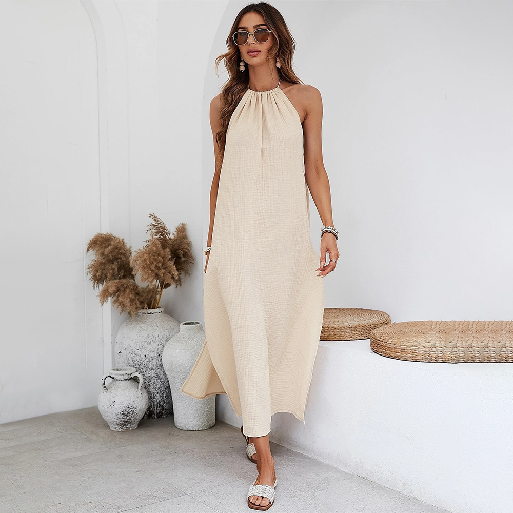 Woven casual style design large backless seaside vacation halterneck dress  women's clothing
