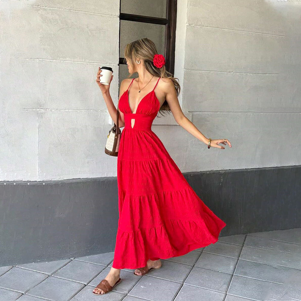 Women's sexy red suspender dress spring and summer V-neck long skirt women's clothing