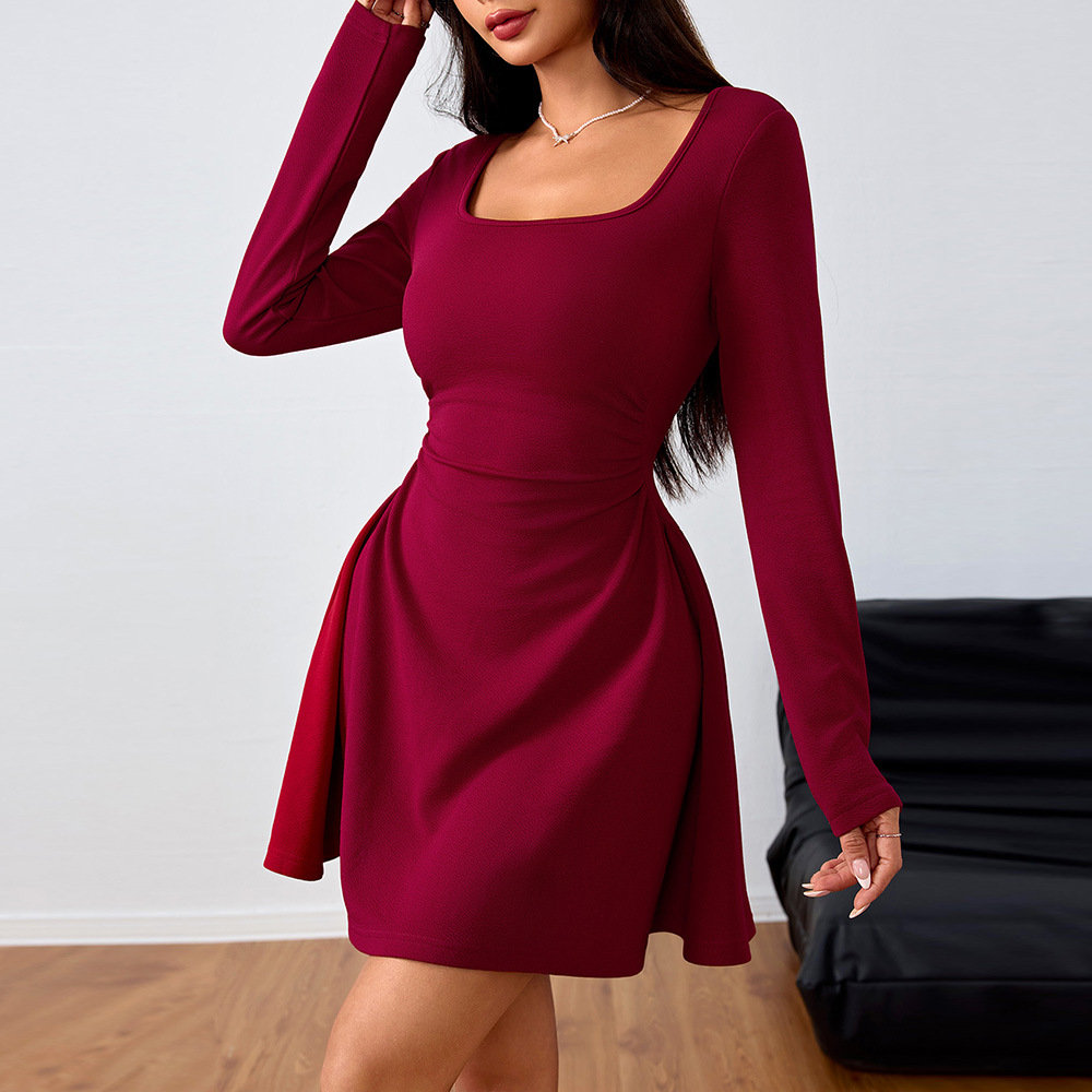 Spring and summer women's square neck elegant dress high waist design dress women's clothing