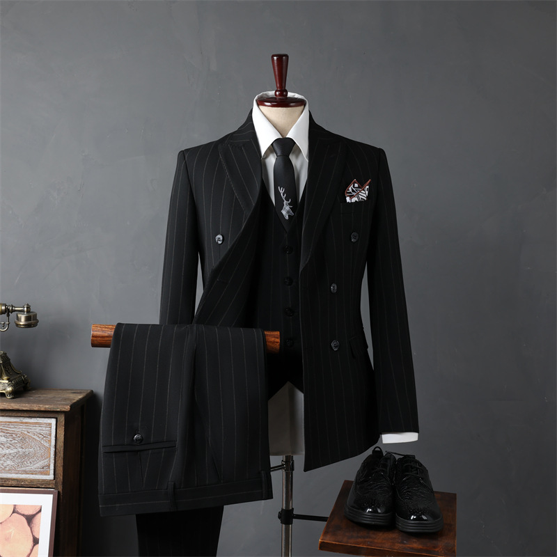 Men's suit casual business formal attire groomsmen suit groom wedding double breasted striped suit jacket men's clothing three-piece