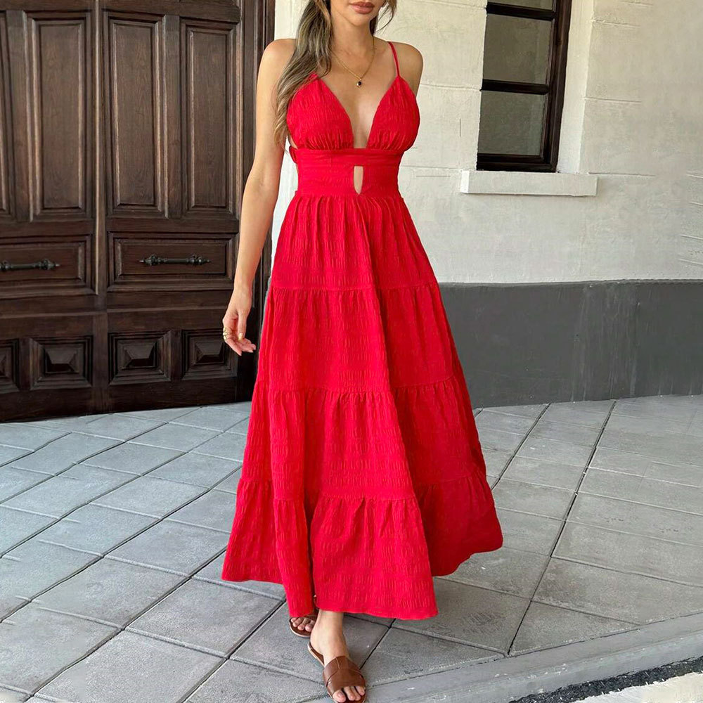 Women's sexy red suspender dress spring and summer V-neck long skirt women's clothing