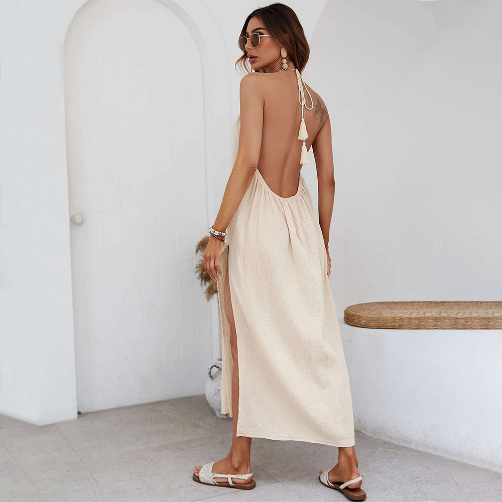 Woven casual style design large backless seaside vacation halterneck dress  women's clothing