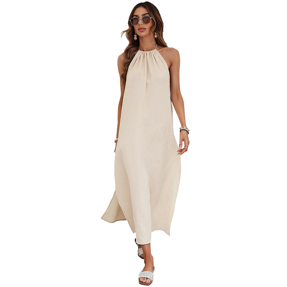 Woven casual style design large backless seaside vacation halterneck dress  women's clothing