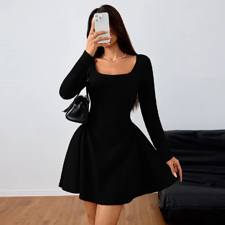 Spring and summer women's square neck elegant dress high waist design dress women's clothing