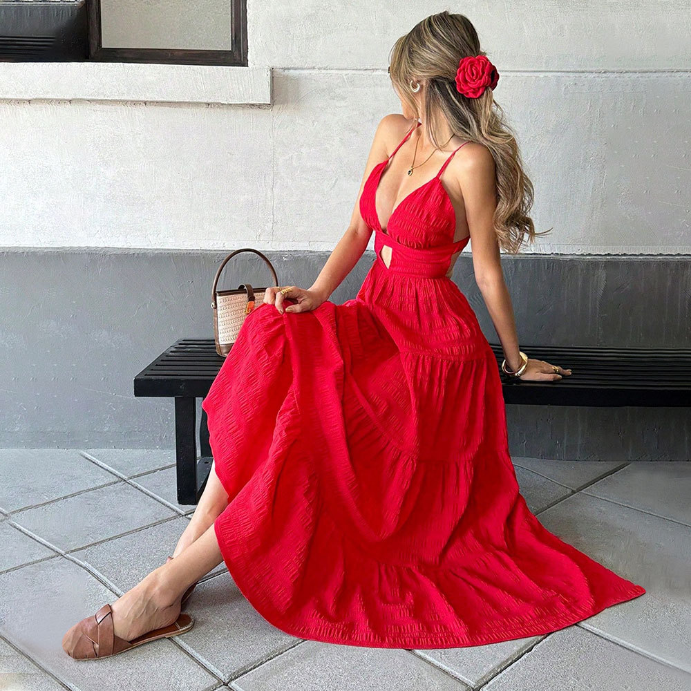 Women's sexy red suspender dress spring and summer V-neck long skirt women's clothing
