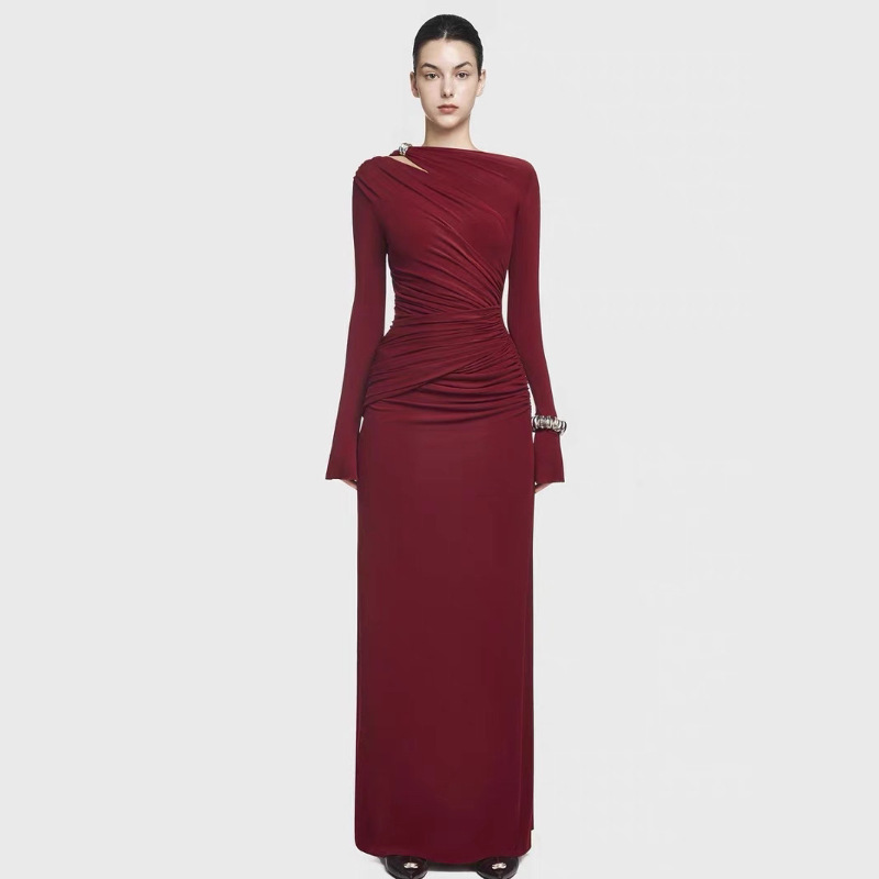 Autumn fashionable long-sleeved elegant pleated waist-style high-end dress women's clothing