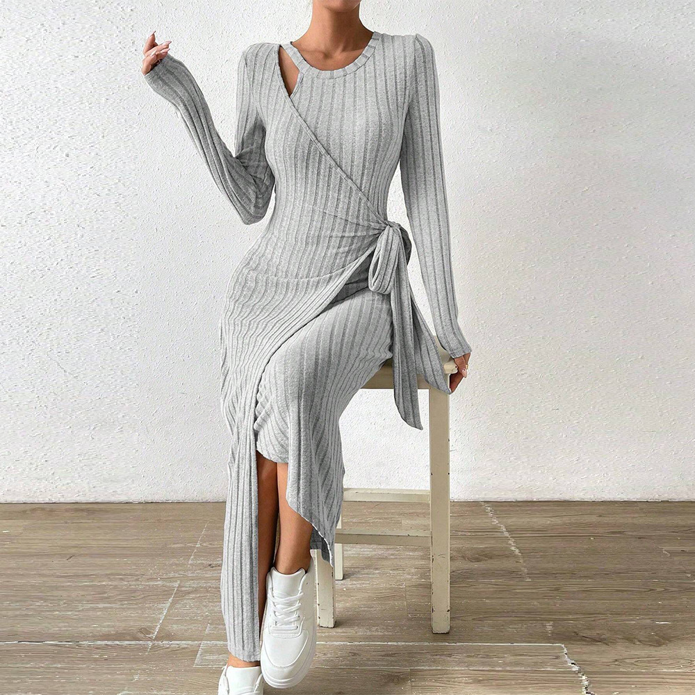 Spring and summer women's knitted gray dress irregular long skirt women's clothing