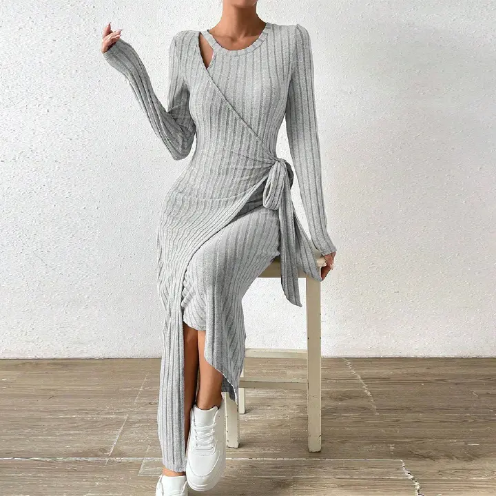 Spring and summer women's knitted gray dress irregular long skirt women's clothing