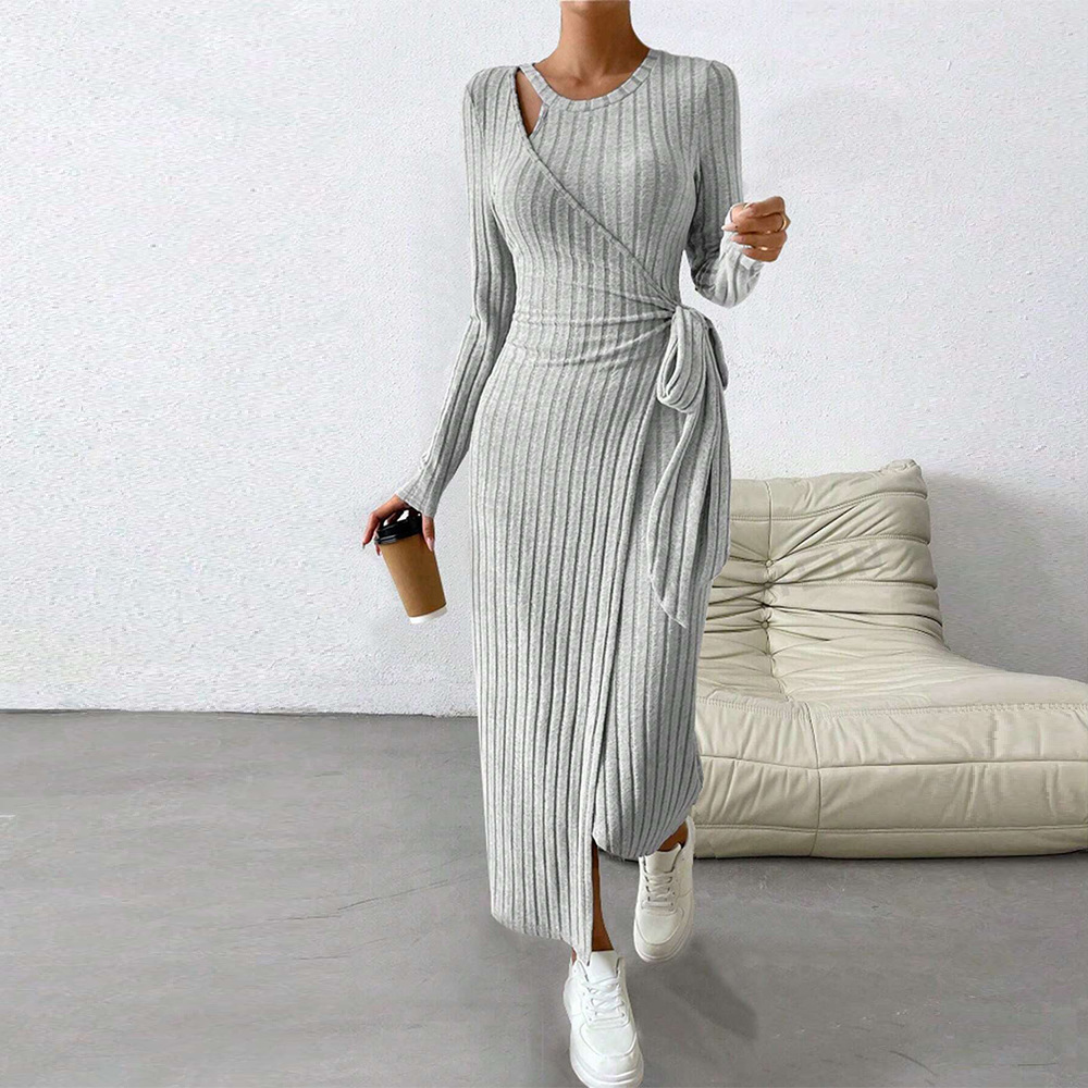 Spring and summer women's knitted gray dress irregular long skirt women's clothing