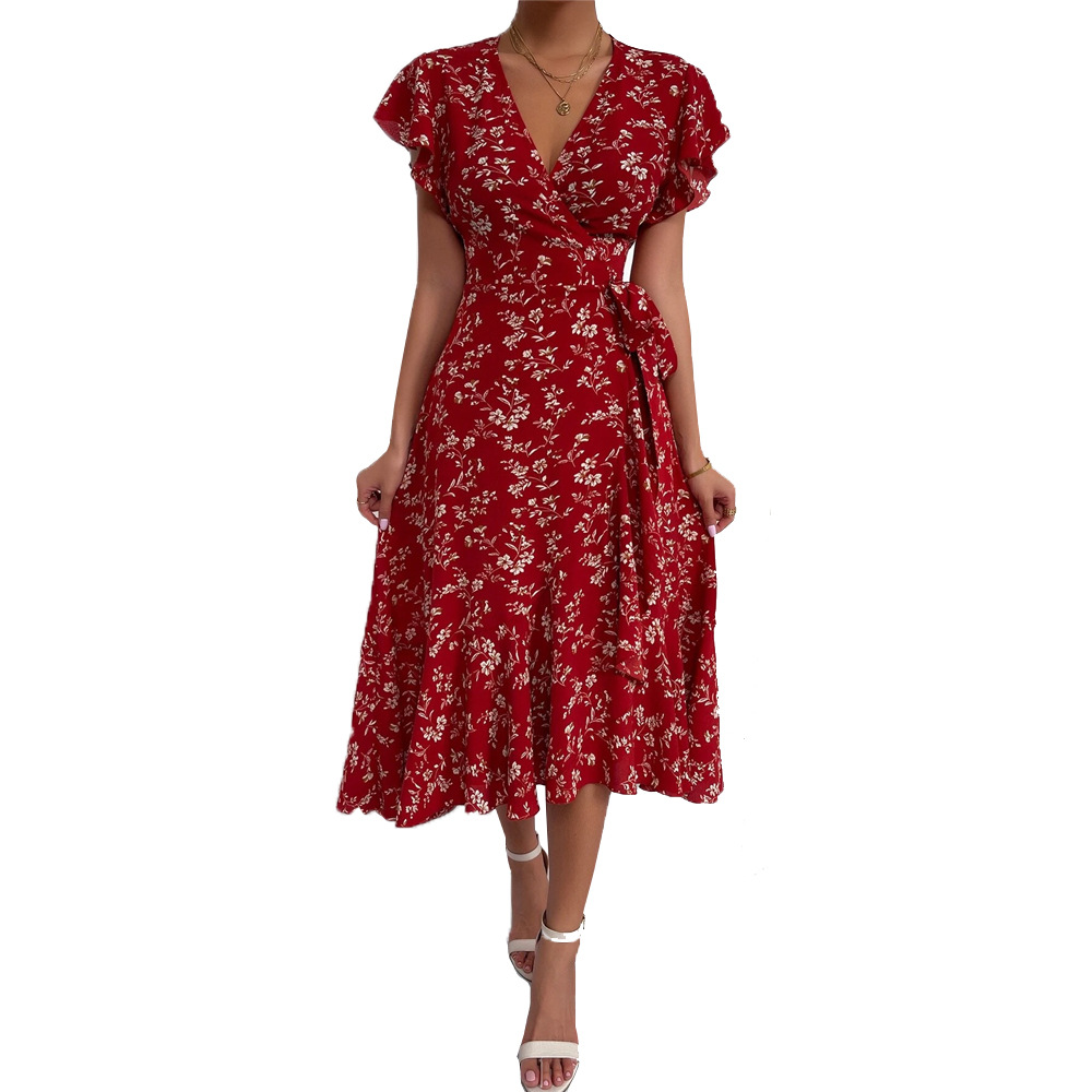 Women's  Sexy  Deep V  Lace-Up  Waist Floral Holiday Long Dress women's clothing