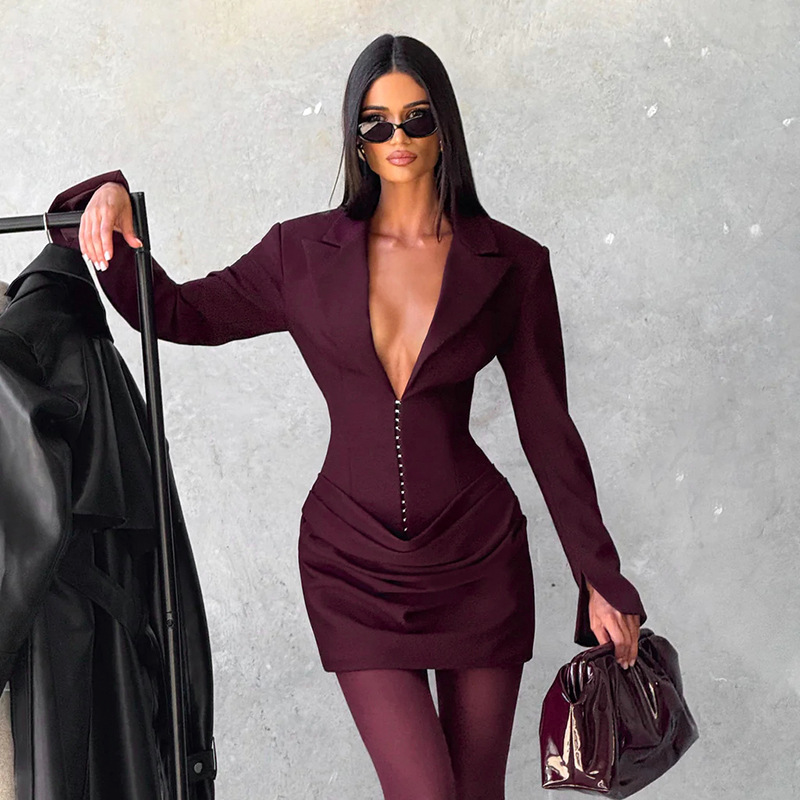 Women's clothing autumn and winter solid color slim fit deep V-neck waist slimming suit dress