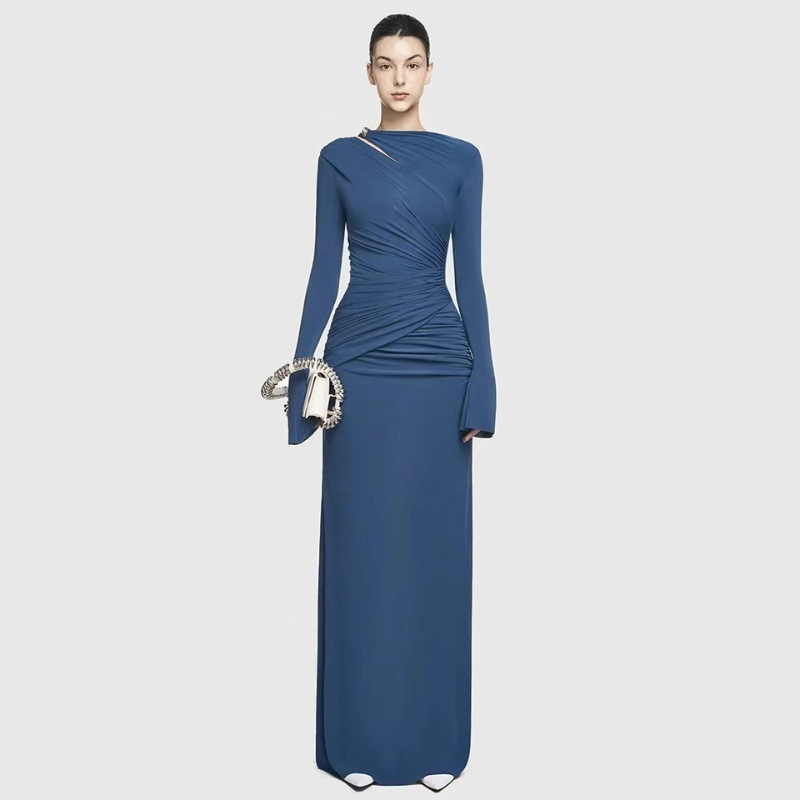 Autumn fashionable long-sleeved elegant pleated waist-style high-end dress women's clothing
