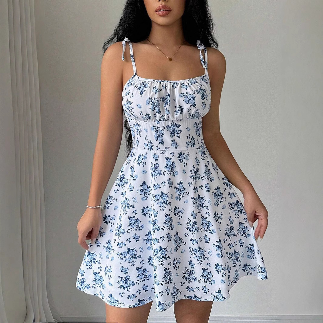 Summer women's floral suspender short dress square neck gentle style skirt women's clothing
