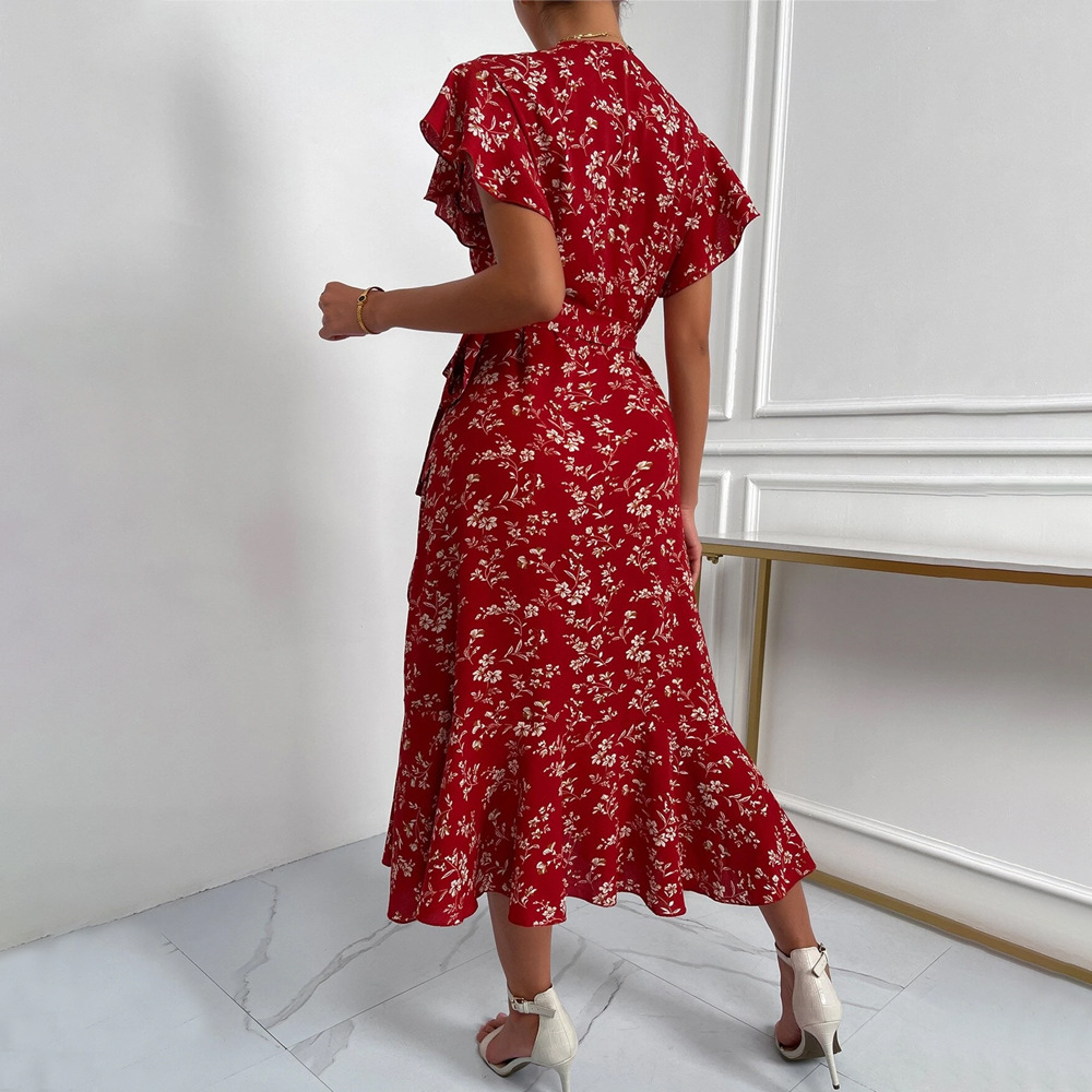 Women's  Sexy  Deep V  Lace-Up  Waist Floral Holiday Long Dress women's clothing