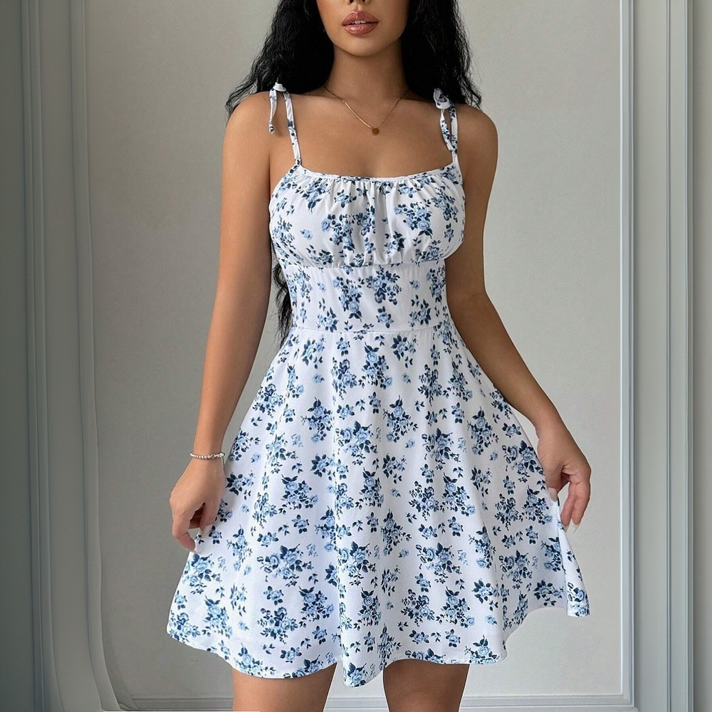 Summer women's floral suspender short dress square neck gentle style skirt women's clothing