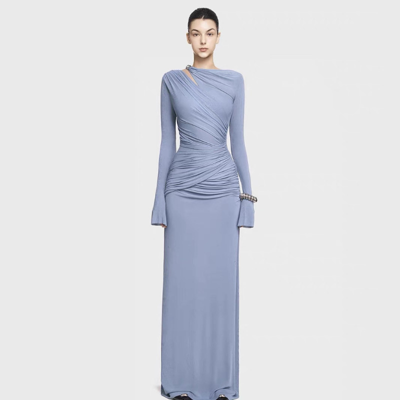 Autumn fashionable long-sleeved elegant pleated waist-style high-end dress women's clothing