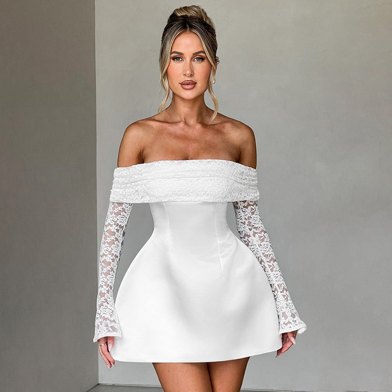 Women's clothing summer style one-shoulder long-sleeved sexy slim lace short dress