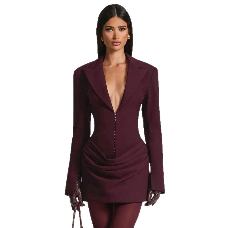 Women's clothing autumn and winter solid color slim fit deep V-neck waist slimming suit dress