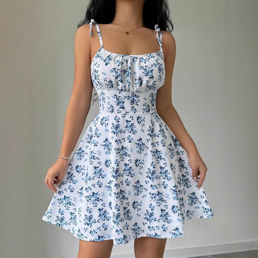 Summer women's floral suspender short dress square neck gentle style skirt women's clothing