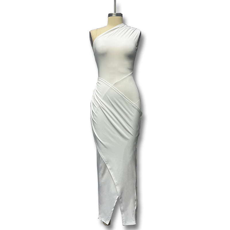 Autumn Solid Color Long Skirt Casual Diagonal Collar Sleeveless Gathered One-Shoulder Dress Women's Clothing