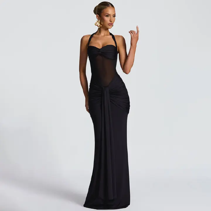 women's clothing halter neck tie mesh splicing streamer long skirt dress style dress