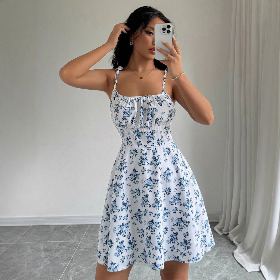 Summer women's floral suspender short dress square neck gentle style skirt women's clothing