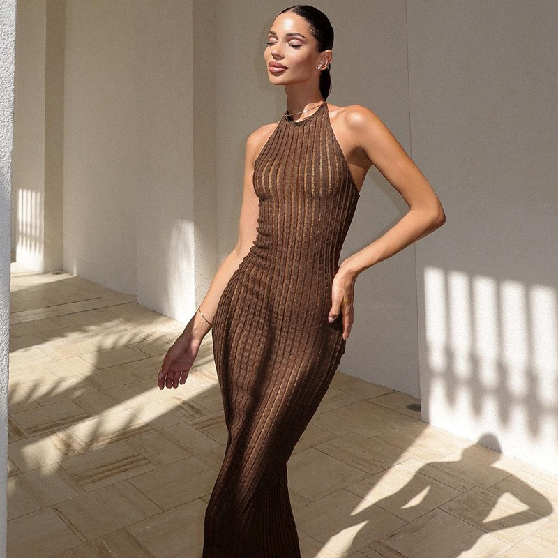 Autumn women's elegant halter neck knitted sleeveless slim dress women's clothing