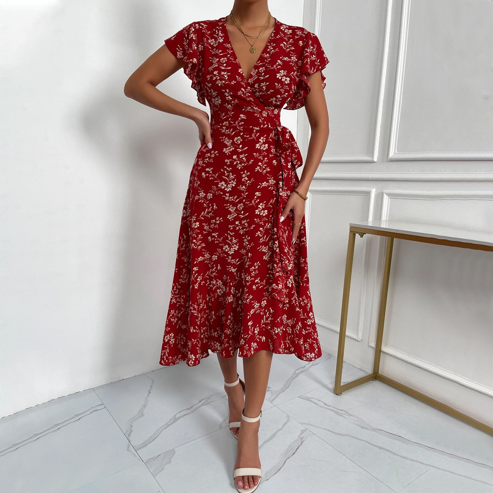 Women's  Sexy  Deep V  Lace-Up  Waist Floral Holiday Long Dress women's clothing