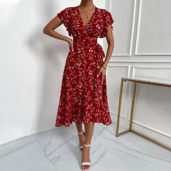 Women's  Sexy  Deep V  Lace-Up  Waist Floral Holiday Long Dress women's clothing