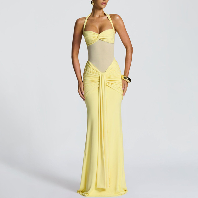 women's clothing halter neck tie mesh splicing streamer long skirt dress style dress