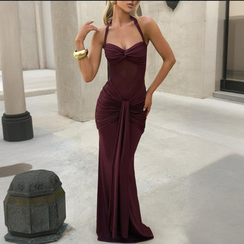 women's clothing halter neck tie mesh splicing streamer long skirt dress style dress