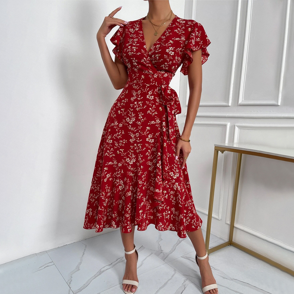 Women's  Sexy  Deep V  Lace-Up  Waist Floral Holiday Long Dress women's clothing