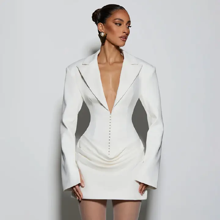 Women's clothing autumn and winter solid color slim fit deep V-neck waist slimming suit dress