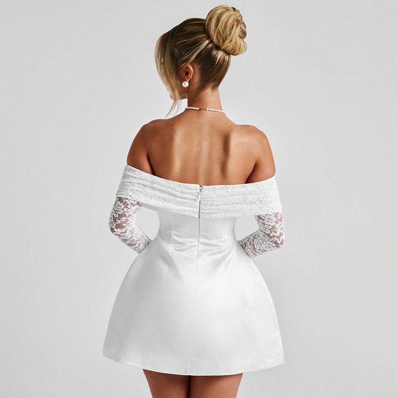 Women's clothing summer style one-shoulder long-sleeved sexy slim lace short dress