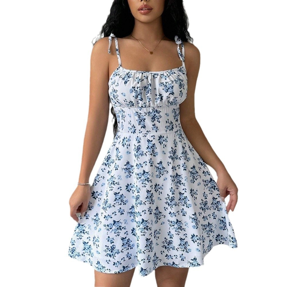 Summer women's floral suspender short dress square neck gentle style skirt women's clothing