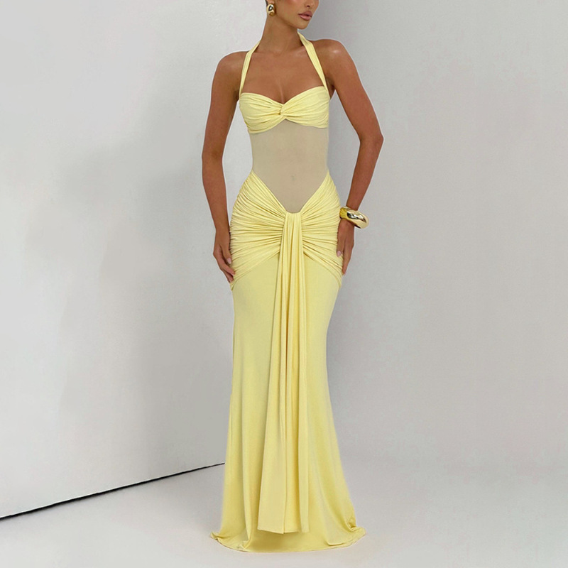 women's clothing halter neck tie mesh splicing streamer long skirt dress style dress