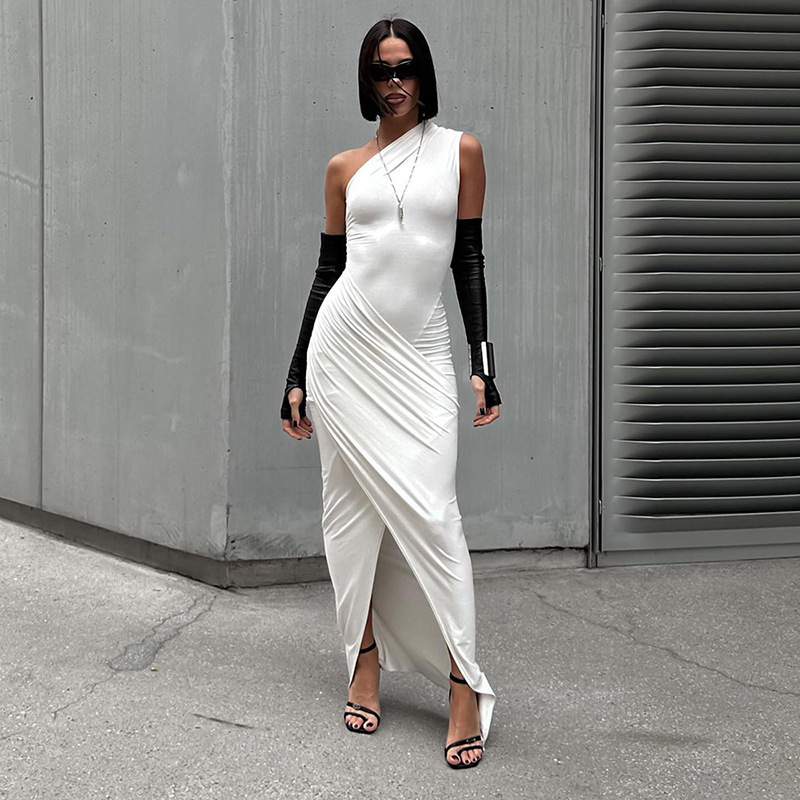 Autumn Solid Color Long Skirt Casual Diagonal Collar Sleeveless Gathered One-Shoulder Dress Women's Clothing